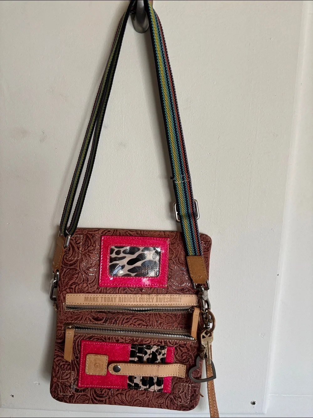 Consuela Embossed Brown Leather Crossbody with Multicolor Strap - Picture 2 of 3